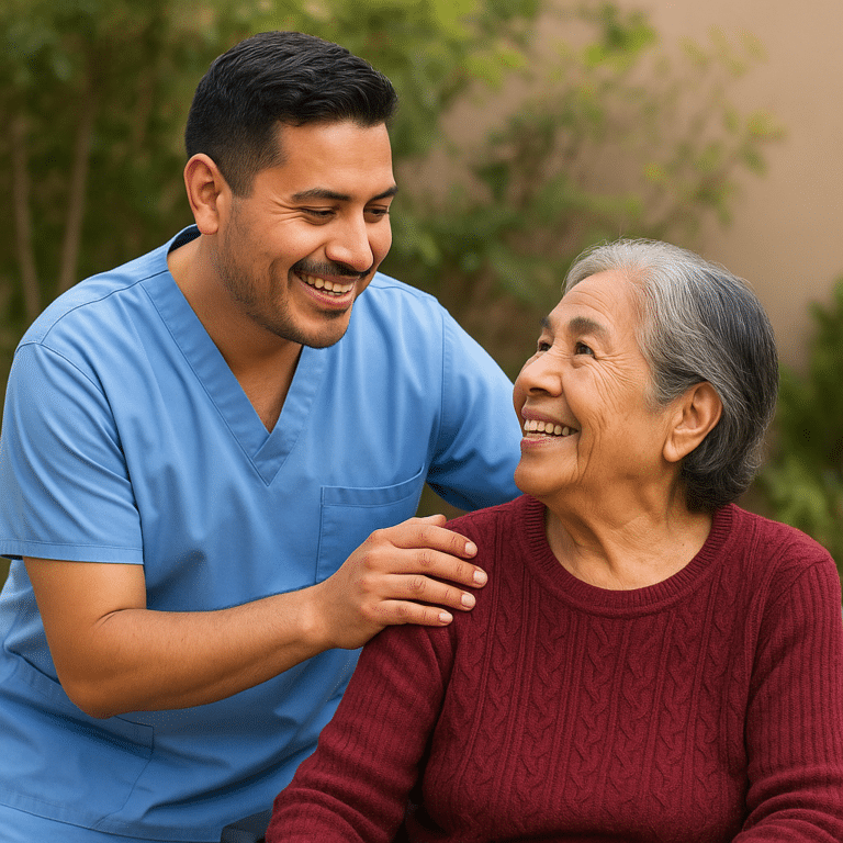 Bilingual male Caretech caregiver in blue scrubs smiling and gently placing his hand on the shoulder of an elderly Hispanic woman in a wheelchair, outdoors, displaying inclusive home care.