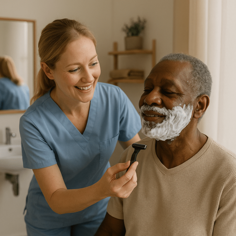 Female caregiver helps elderly man shave while smiling together in a warm, well-lit bathroom.