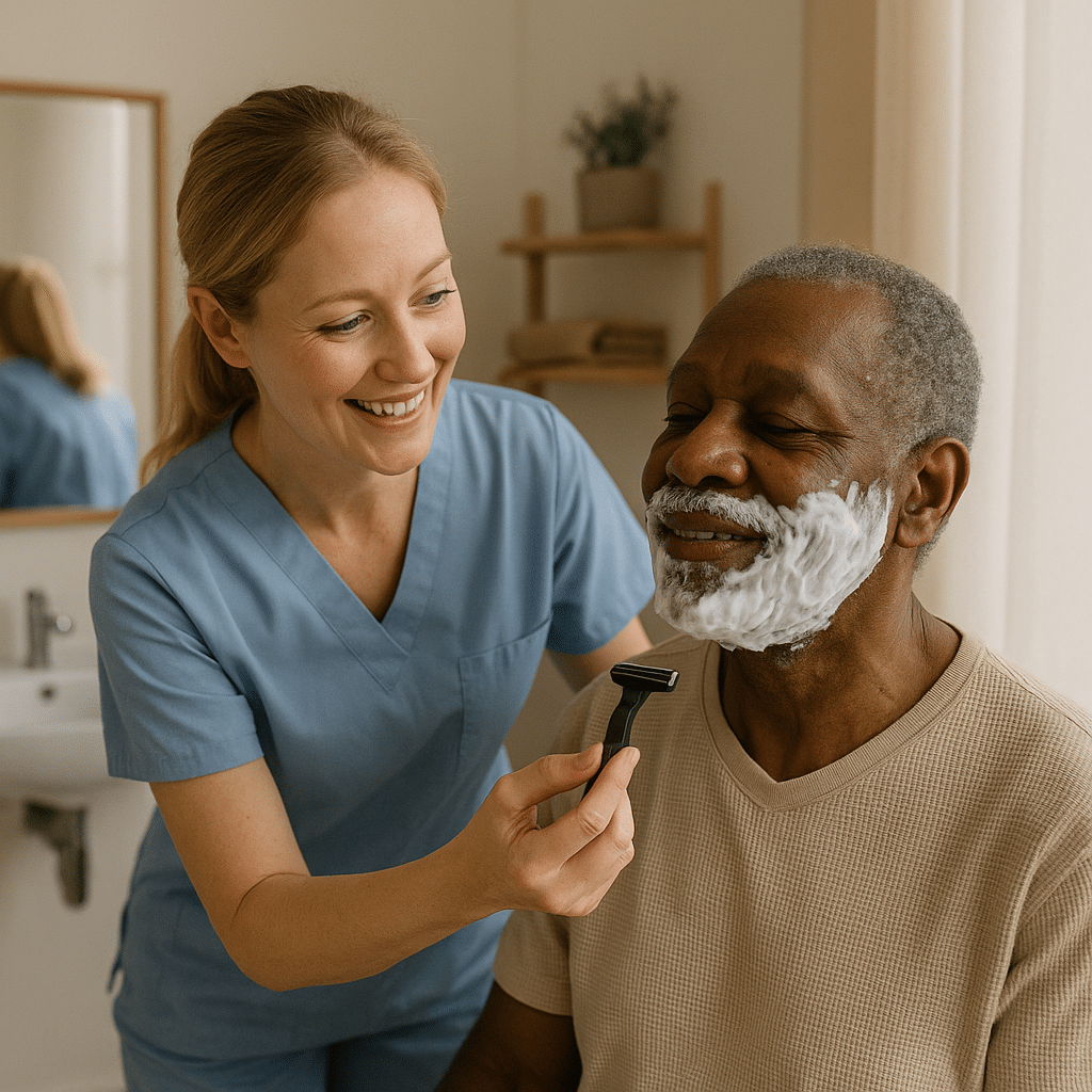 Female caregiver helps elderly man shave while smiling together in a warm, well-lit bathroom.