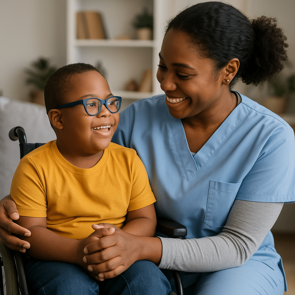 African American caregiver smiling with a young boy with Down syndrome in a wheelchair, illustrating the question “Does Medicaid Pay for Respite Care” through compassionate support for children with special needs.