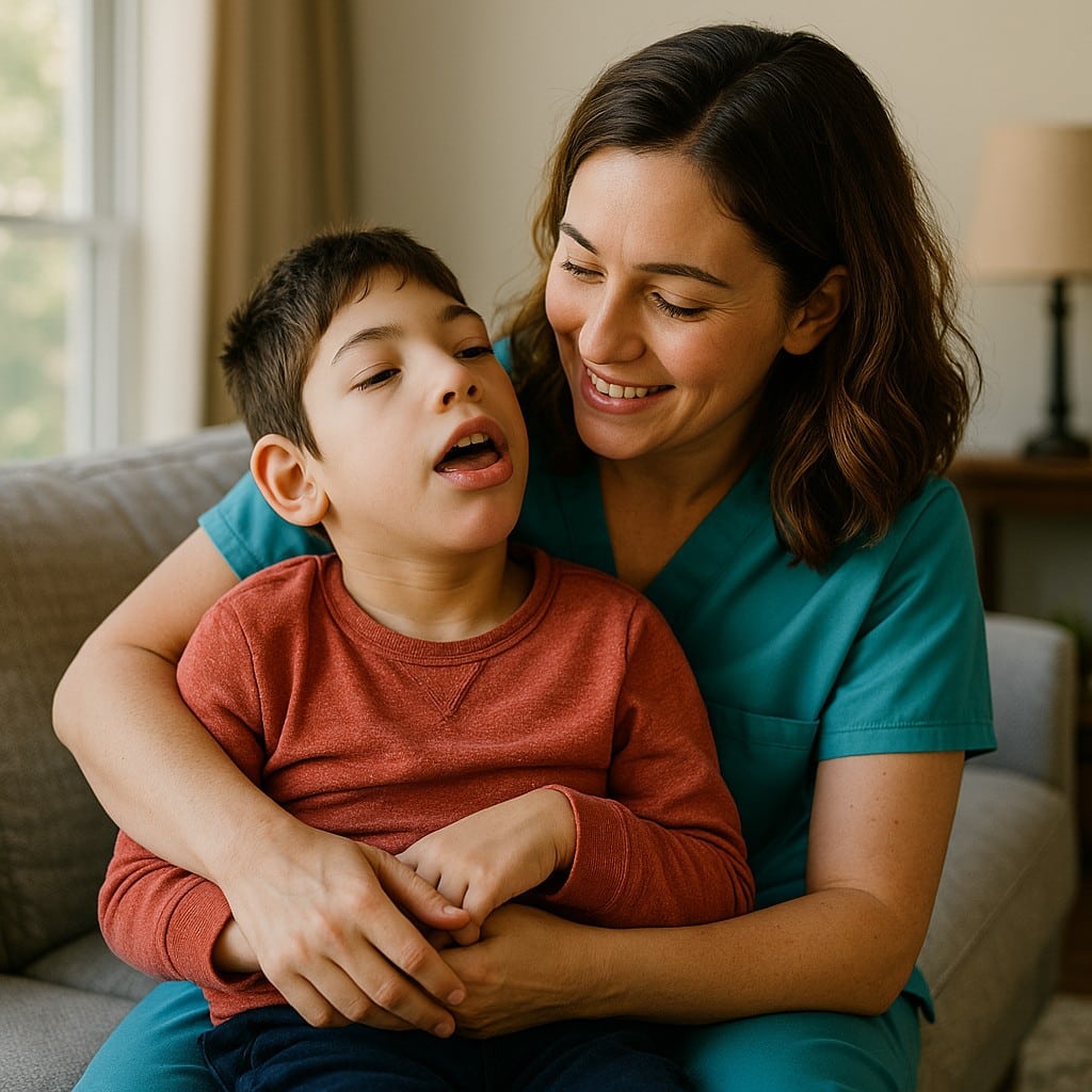 Caregiver providing respite care as she lovingly holds a special needs child on a cozy living room sofa.