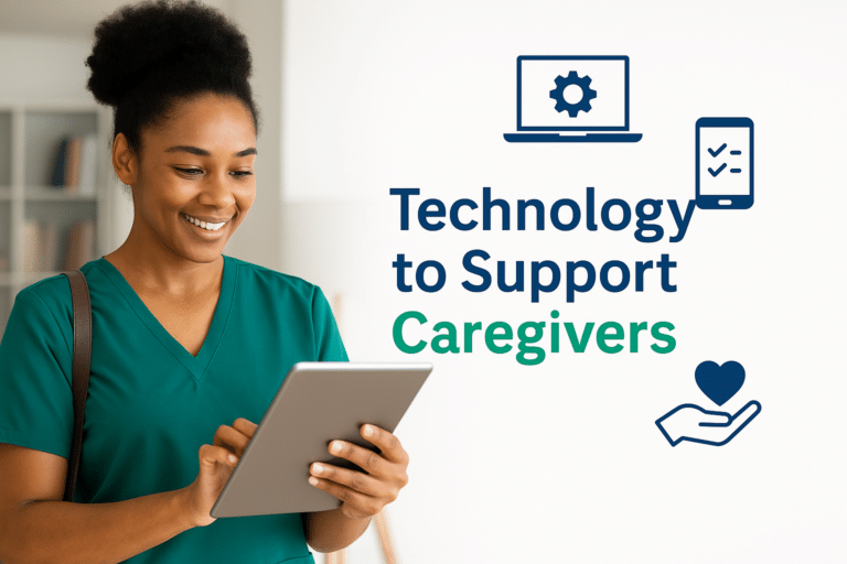 Caregiver using digital tablet with overlay text that reads "Technology to Support Caregivers" alongside icons of a laptop, smartphone, and heart-in-hand, symbolizing modern tools used in caregiving.