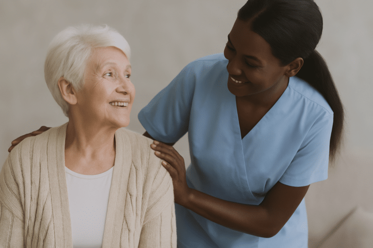 Elderly woman smiling at her caregiver, who gently rests a hand on her shoulder in a warm, supportive home setting, providing long-term care.