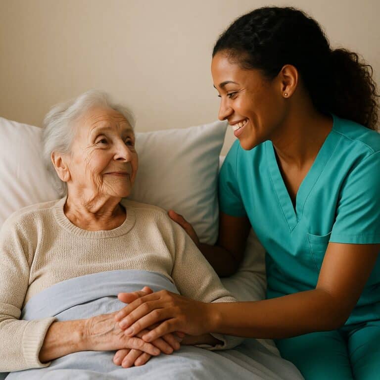 Caregiver holding hands with a senior woman lying in bed during 24-hour home care.