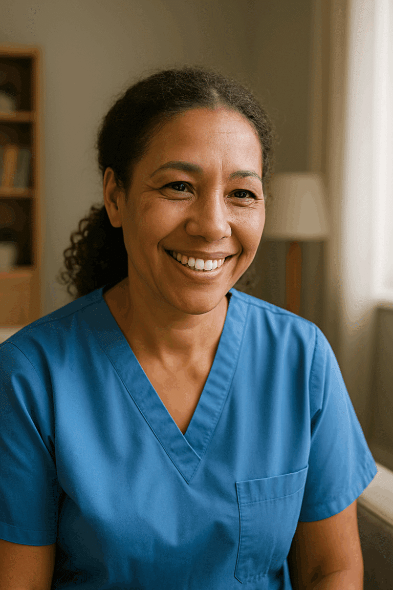 Smiling female caregiver in blue scrubs standing in a softly lit home environment.