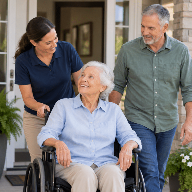 Caregiver assisting an older woman in a wheelchair at home while a family member walks beside them.
