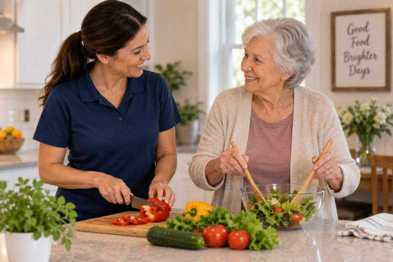 Caregiver and older woman preparing a healthy meal together during non-medical in-home care.