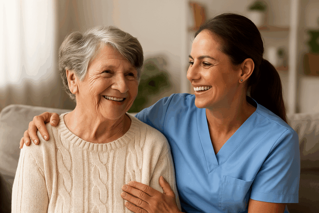 Caregiver assisting an elderly woman at home, illustrating the compassionate support found in Caretech personal care services.