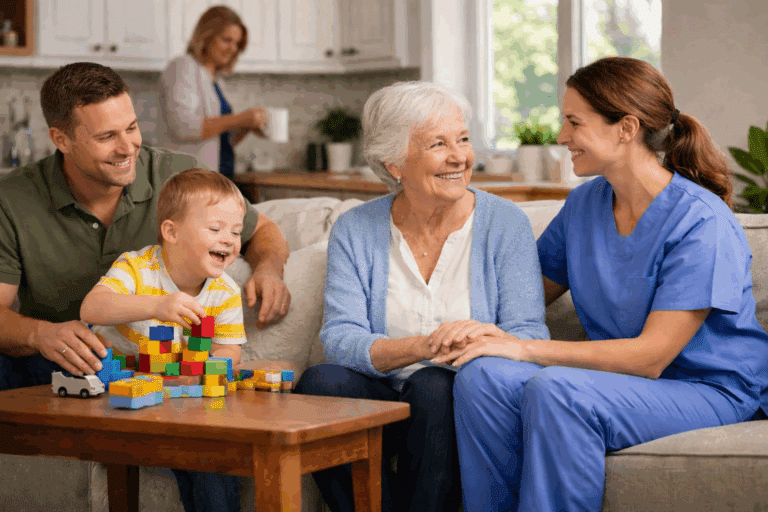 Caregiver providing in-home support to a senior while a family member and child with disabilities spend time together in a Douglas County home.