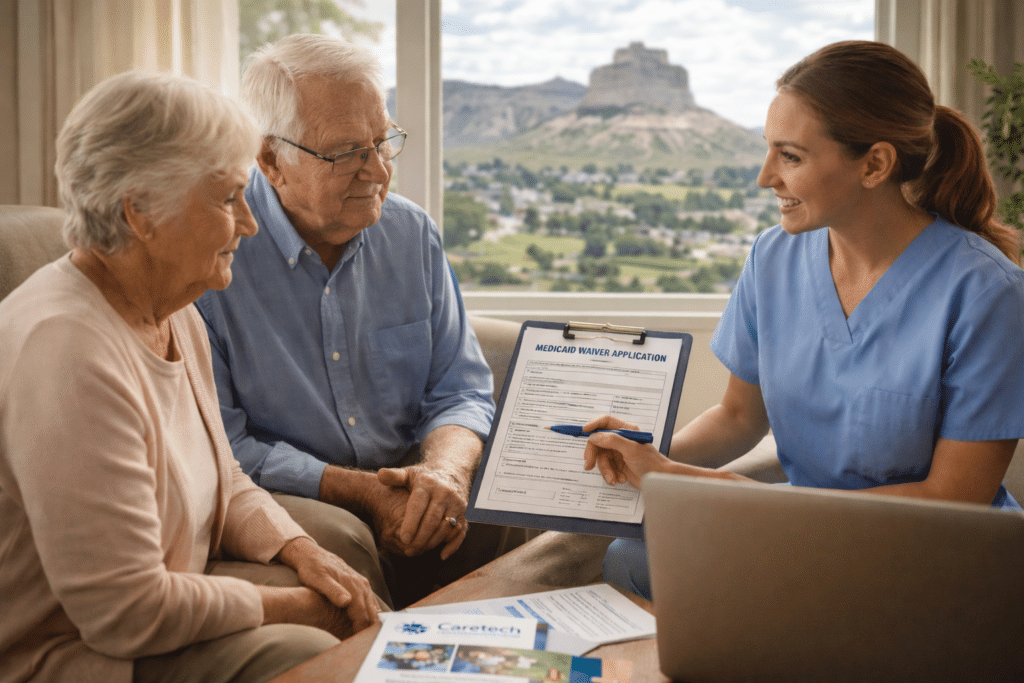 Caregiver discussing care services with an elderly couple in their home with Scotts Bluff National Monument visible in the background.