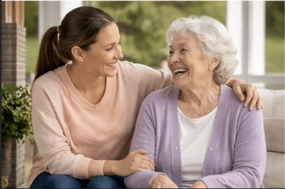 Caregiver providing in-home senior care assistance to an elderly woman in Omaha to reduce social isolation.