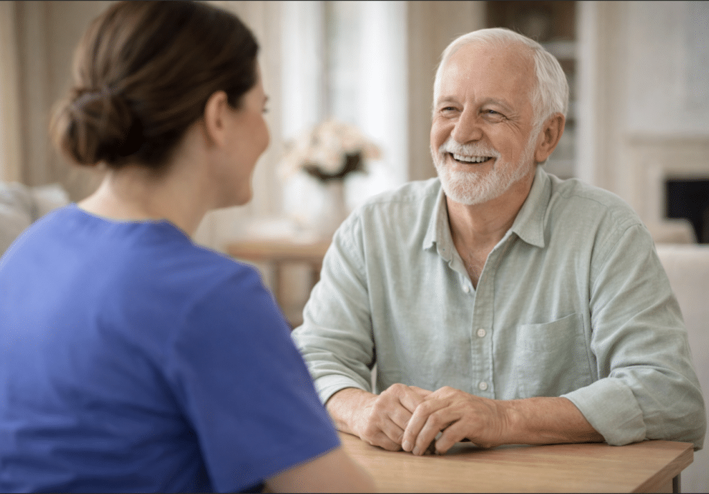 Caregiver sitting with an elderly man, offering emotional support and companionship.