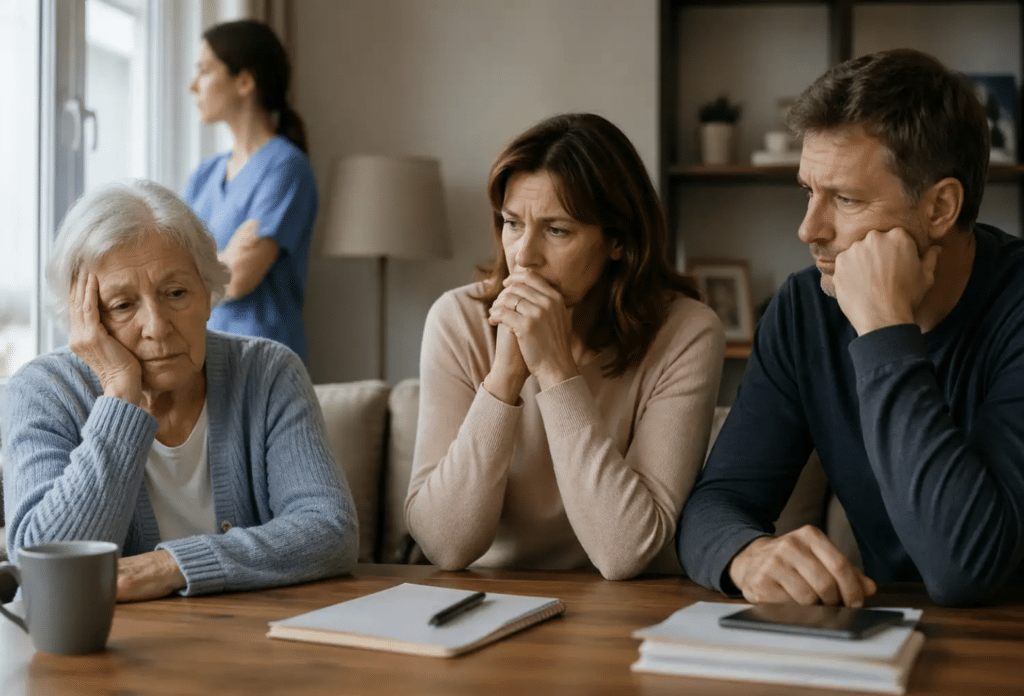 Family gathered at home discussing caregiver concerns and senior care planning.