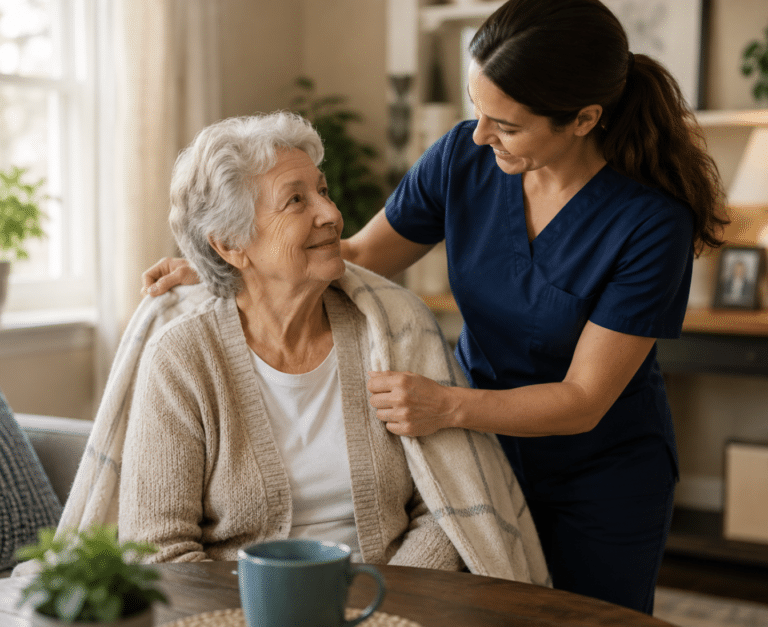 Professional in-home caregiver assisting an elderly senior with daily care tasks, providing compassionate support at home.