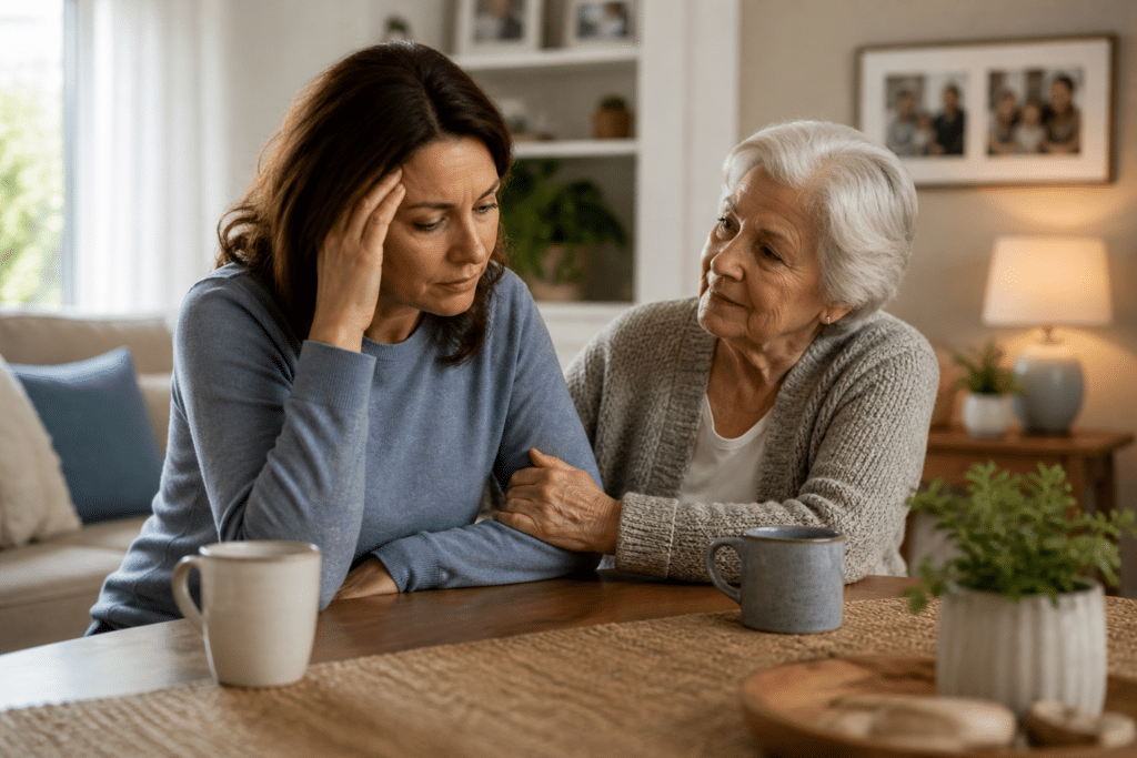 Adult daughter sitting at a kitchen table looking overwhelmed while her elderly mother gently holds her arm in a supportive home setting