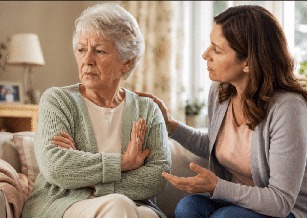 An aging parent sitting on a couch with arms crossed and one hand raised in refusal while an adult daughter leans in with concern, trying to convince her mother to accept home care help.