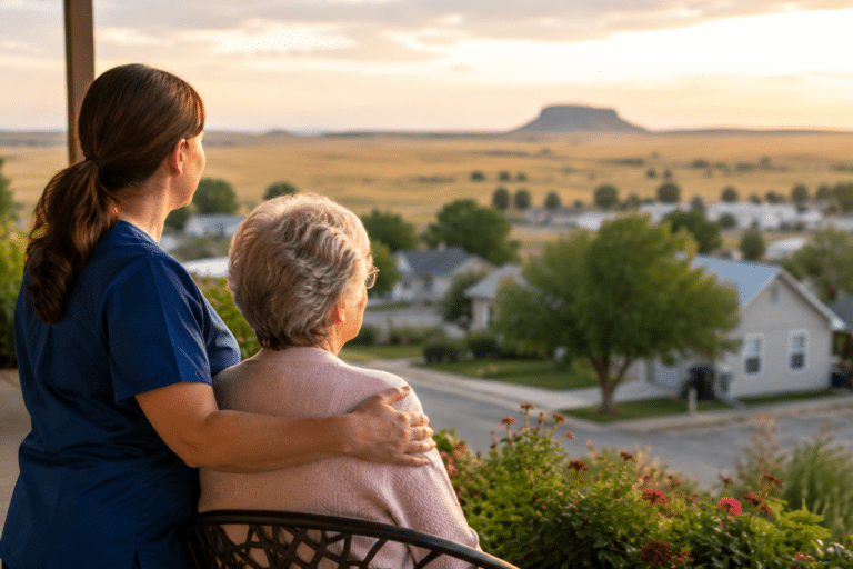 A compassionate Caretech caregiver standing beside an older adult on a porch overlooking the rural landscape of Western Nebraska, representing trusted in-home care and senior care in Scottsbluff.