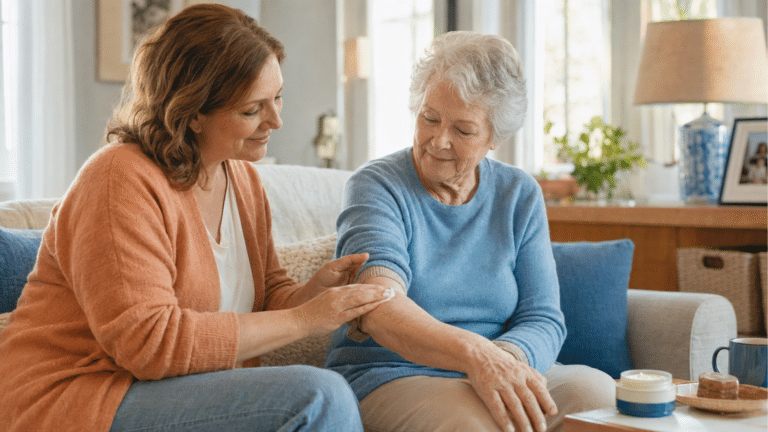 Caretech in-home caregiver gently applying moisturizer to a senior’s arm during a daily skincare routine.