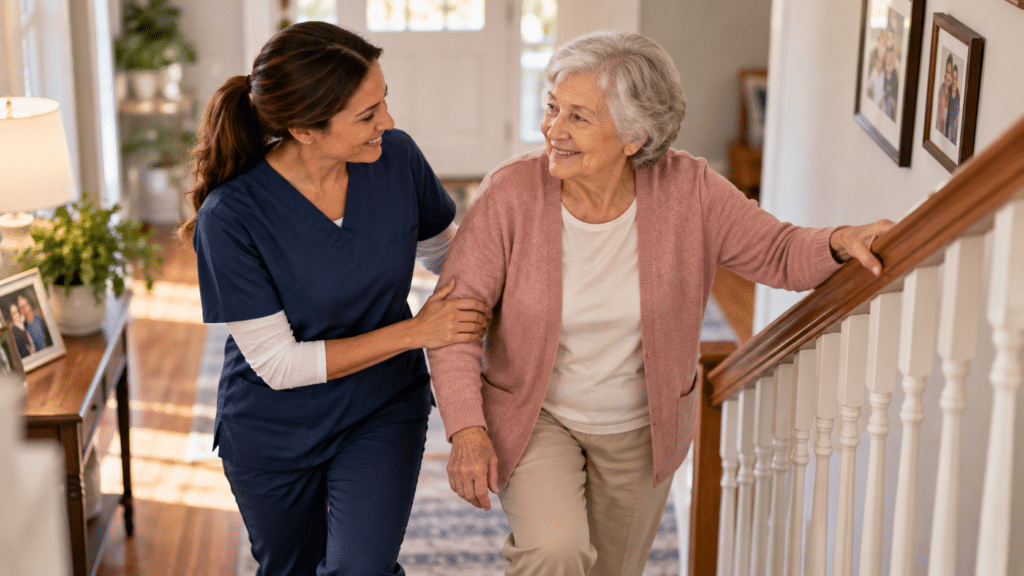 Caretech caregiver assisting an older woman as she safely uses the stairs at home.