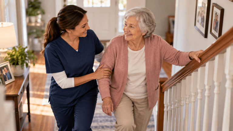 Caretech caregiver assisting an older woman as she safely uses the stairs at home.