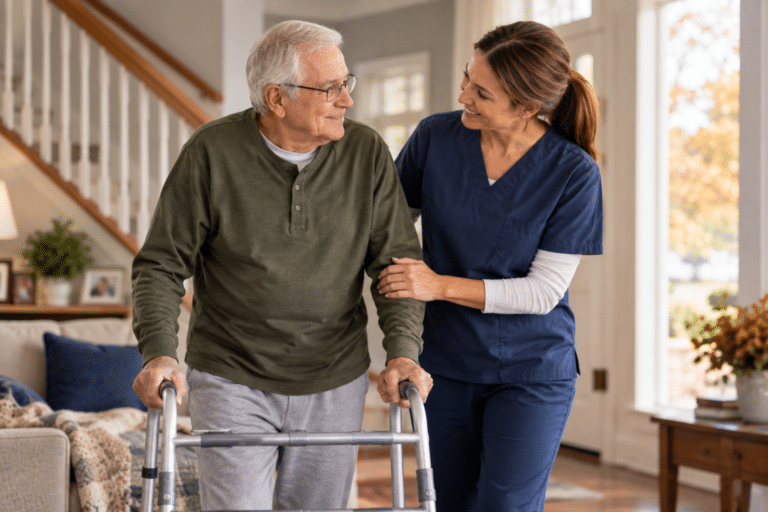 Caregiver assisting an older man with a walker during recovery at home after a hospital stay.