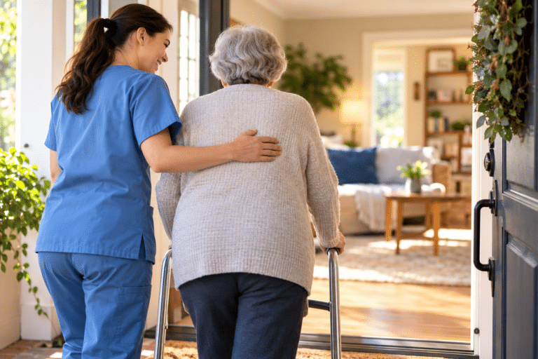 Senior woman using a walker with caregiver support after returning home from rehabilitation.