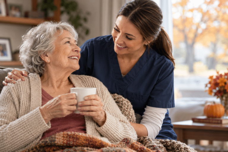 Caregiver supporting an older woman at home during fall wellness and respiratory illness season.