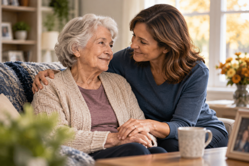 Adult daughter providing compassionate support to her aging mother with dementia at home.